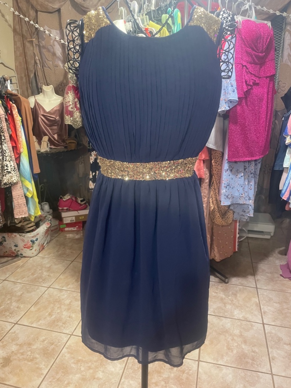 Chiffon Navy Midi Dress with Gold Sequin Accents
